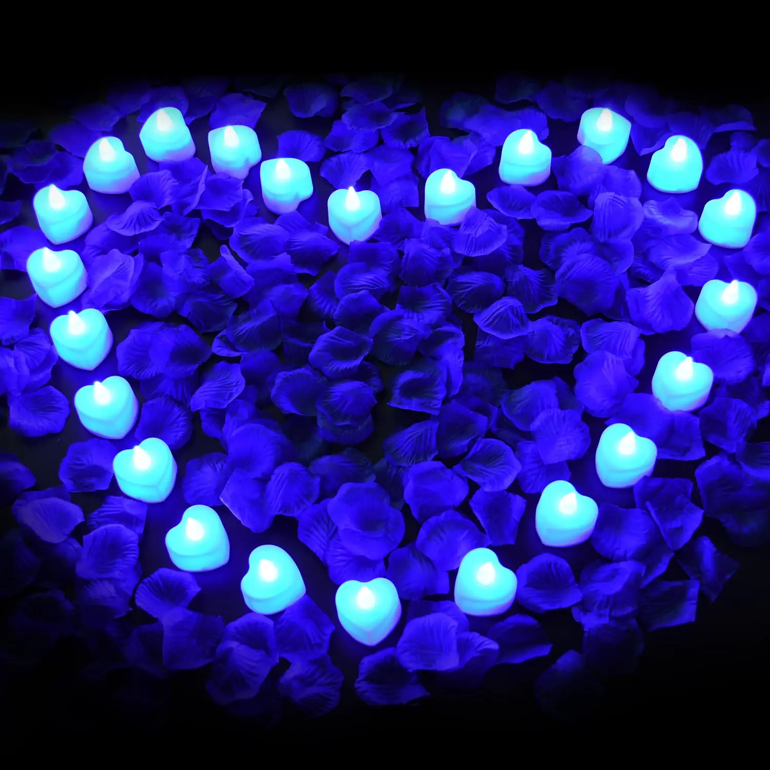 Decorative Artificial Rose Petals & Flameless LED Tea Candles Kit - 2000pcs Heart Shape Petals, 24pcs Blue Lights, Artificial Plants Decor, Floral Decor for Romantic Ambience, Home Ornaments