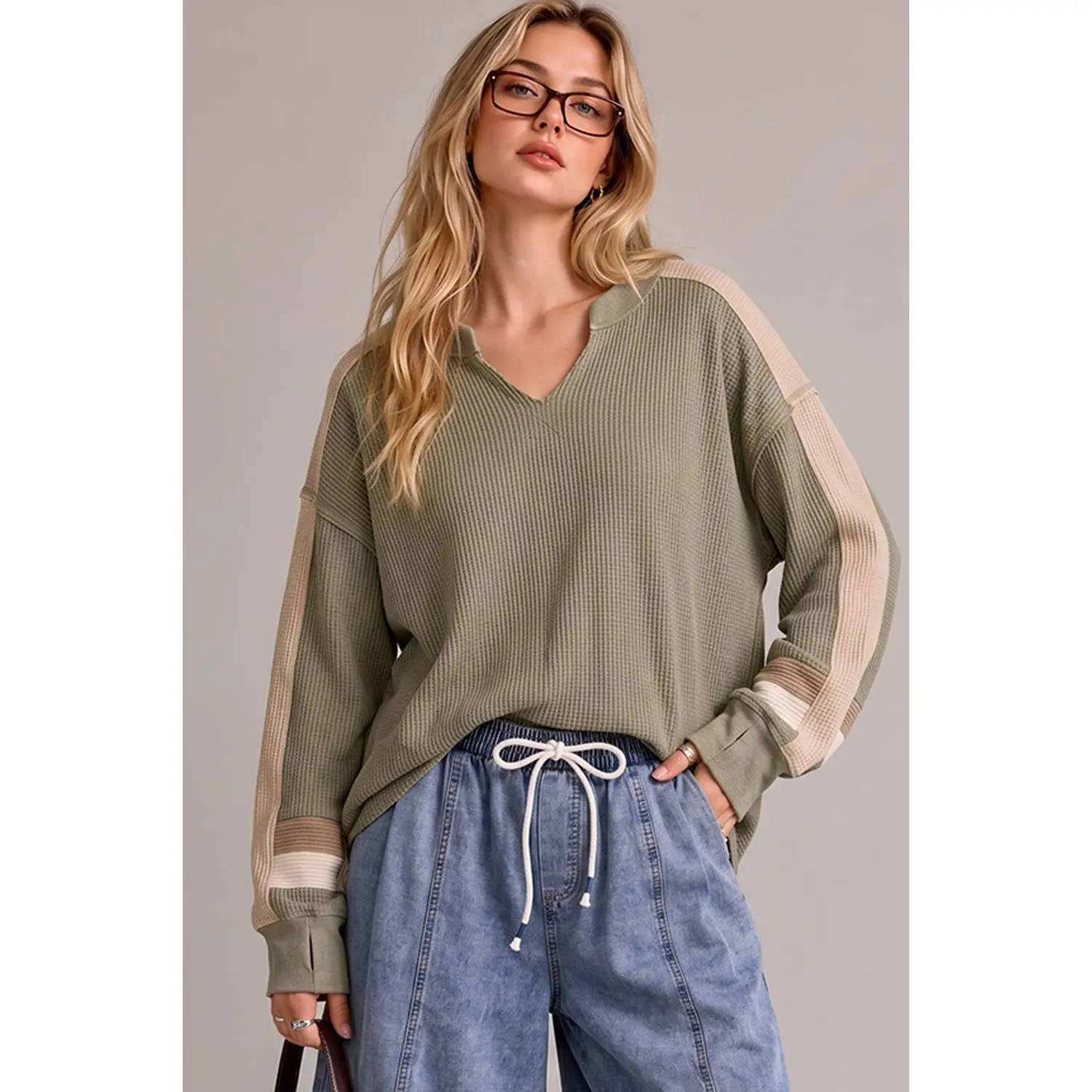 Sage Waffle Knit Pullover Sweater