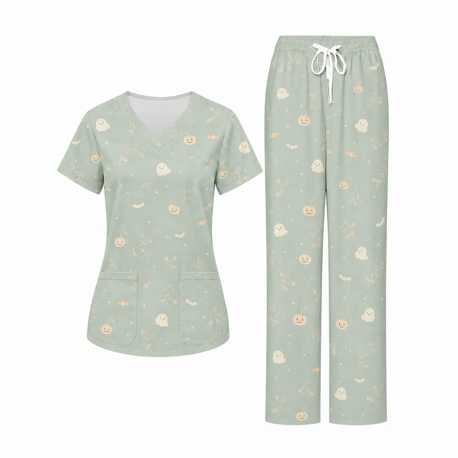 Halloween Sage Print Nurse Scrub Set – V-Neck Top with Pockets + Drawstring Waist Pants for Medical Professionals