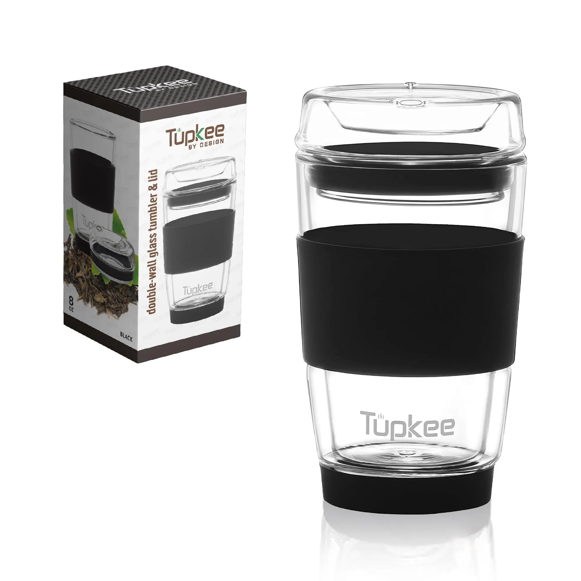 8-oz Double Wall Thermal Glass Tumbler - Silicone Lid, All-Glass Reusable Insulated Beverage Mug, Hand-Blown Drinkware for Tea & Coffee