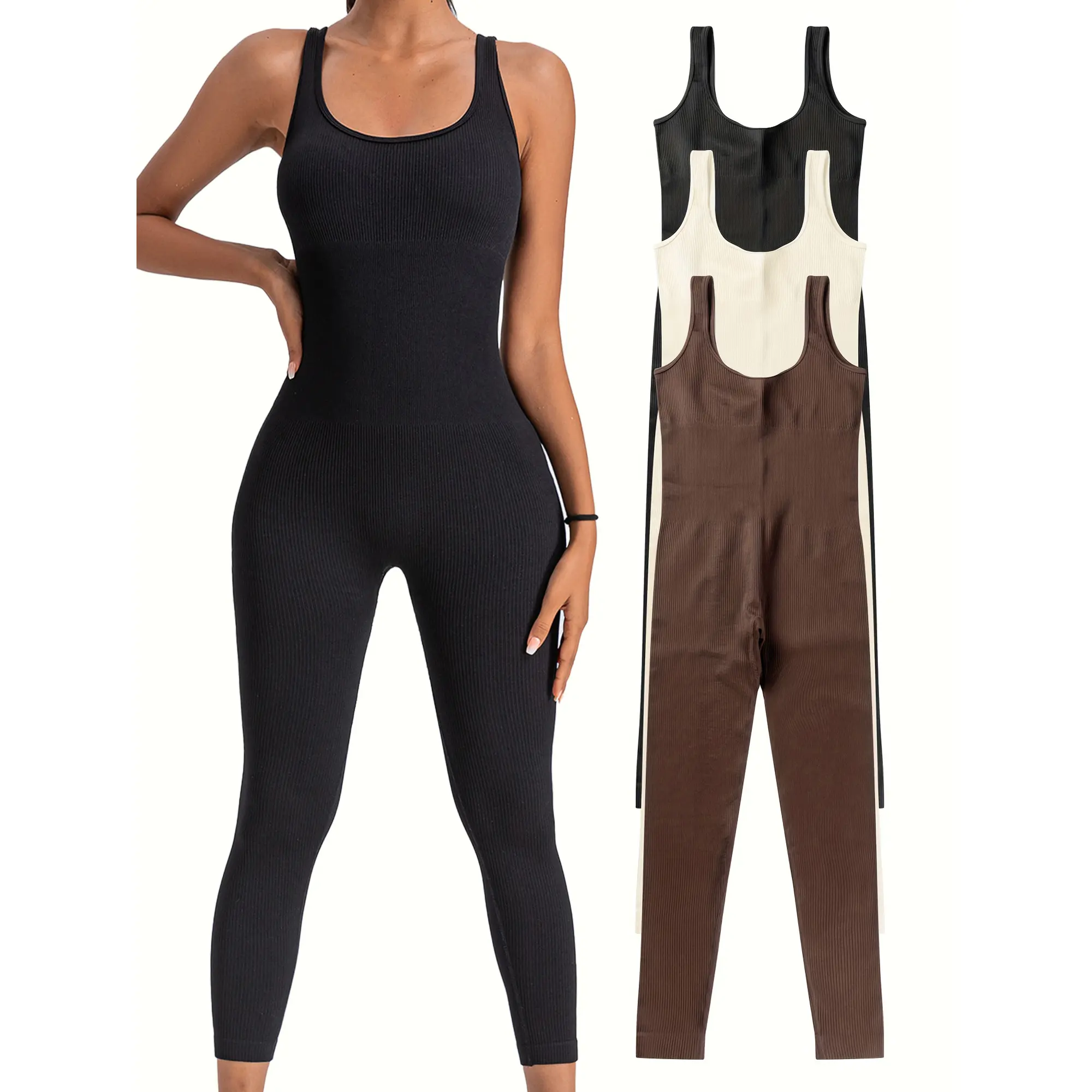 Women's Ribbed Knitting Solid Stretch Yoga Jumpsuit for Women - Square Neck, Adjustable Straps, Body Shaper, Black & White, 90% Polyamide 10% Spandex, All-Season Sports Activewear for Workouts