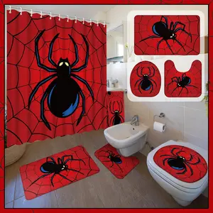 6 Pcs Spider Shower Curtain Set with Bath Mat U Shaped Mat Toilet Cover 2 Bath Towels and 12 Hooks Red Bathroom Decor Spider Bathroom Set