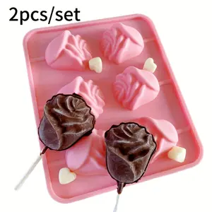 2pcs/Set 3D Rose Flower Silicone Chocolate Moulds, Non-Stick High-Temperature Reusable Food-Grade Baking Tools for Valentine's Day Cakes, Desserts, Bakery Pastry Shop Kitchen Accessories