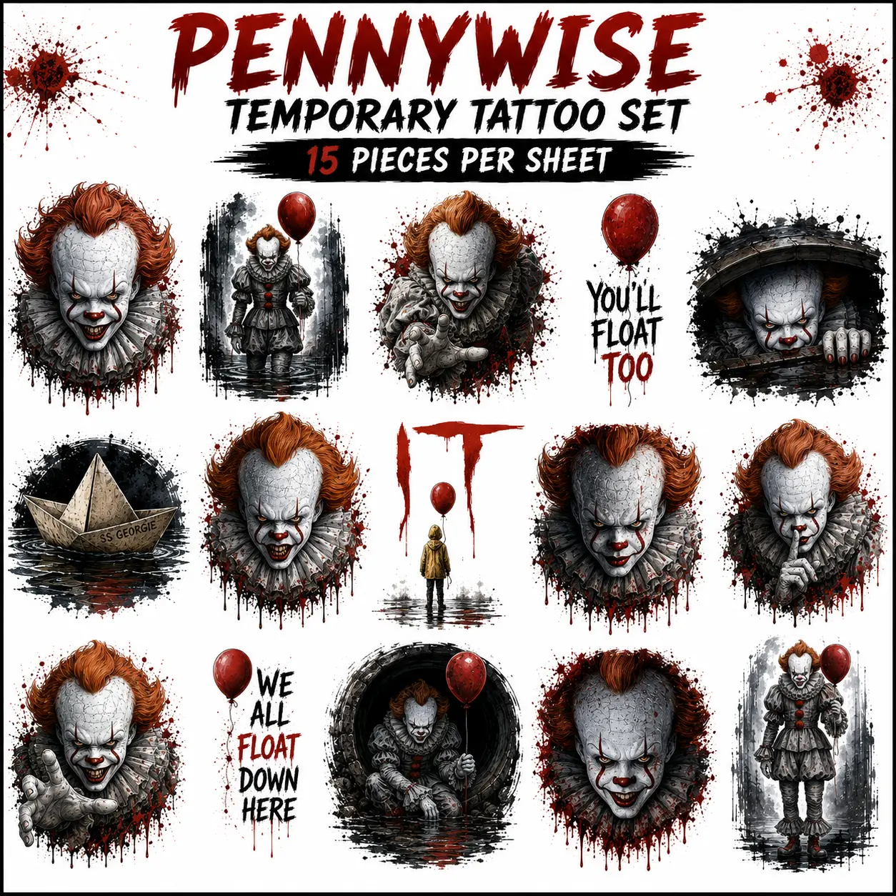 Pennywise Temporary Tattoo Set, 15 Pieces, Halloween Horror Tattoos, Scary Clown Body Stickers, Horror Movie Inspired Temporary Tattoos for Adults & Teens, Halloween Party Costume Accessories