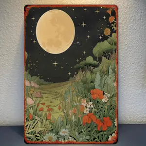 Vintage Moon Path Metal Wall Art 8x12 Inch Rustic Iron Sign Featuring Starry Night Sky Full Moon and Wildflowers Brighten Your Space Without Electricity Easy Wall Mount Decor for Home Bar Garage and Cafe