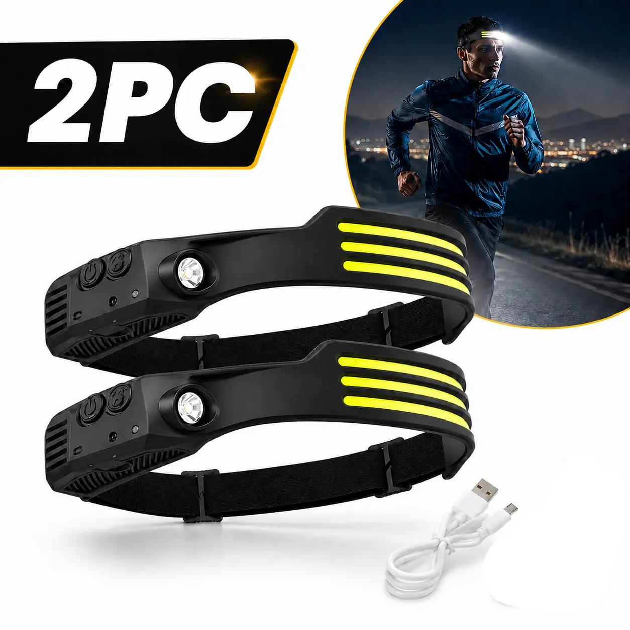 2 Pack Rechargeable Motion Sensor Headlamp, 230° Wide Beam Waterproof LED Head Light for Night Running & Outdoor Activities