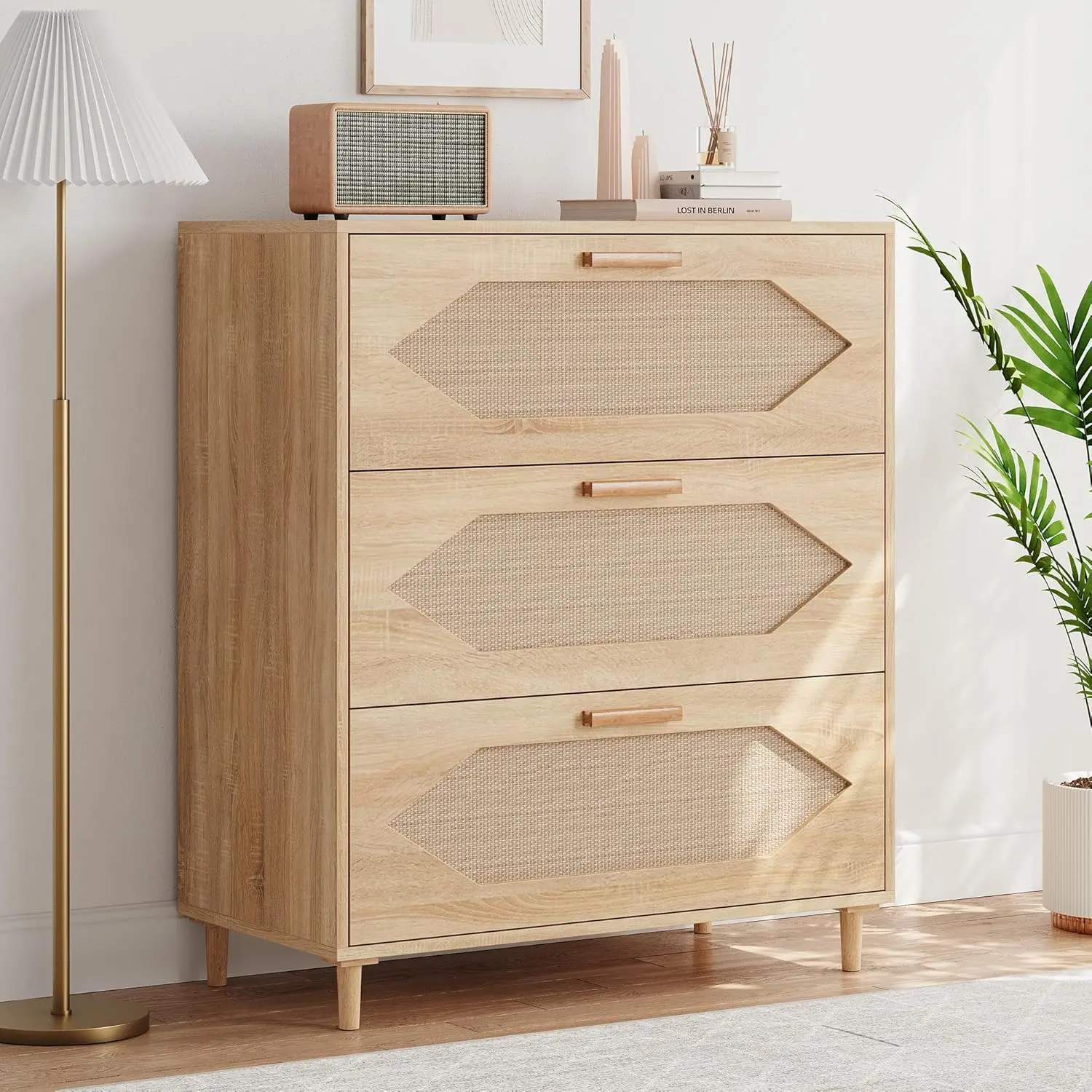 3 Drawer Natural Rattan Wood Dresser - Bedroom Storage Chest, Large Wardrobe & Dresser Storage System, Modern Drawer Organizer System, Easy-Assemble Indoor Cabinet for Bedroom, Hallway, Large Wardrobe And Dresser Storage System
