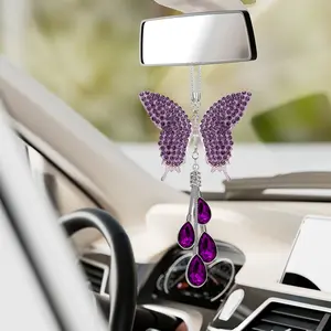 【Summervibes】Glam Butterfly Car Mirror Decor with Pearl Crystal Drops, Sparkling Hanging Car Accessories for Her, Cute Interior Rearview Mirror Charm, Teacher appreciation gifts,Graduation gifts