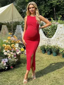 ELLIOTTWII Long Maternity Dress Featuring Twist Knot Detail Red Summer Vacation Wardrobe Look