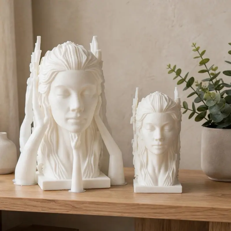 1) Medium and Small White Floral Goddess Bust - 3D Printed Minimalist Statue, Boho Home Decor                      2) Abstract Angel Wings Statue - Black & Gold Modern Figurine - Gothic Guardian Desktop Decor - Unique 3D Printed Fine Art Gift 11” long