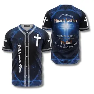 3D Printed Christian Baseball Jersey Shirt, Jesus Faith Over Fear Theme, Cross-Adorned Professional Sports Apparel