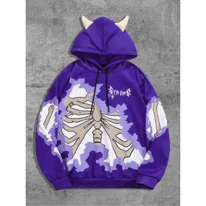 Men's Skeleton and Cross Halloween Pattern Off Shoulder Devil Design Hoodie, Regular Fit Fashion Casual Drawstring Hoodie, Suitable for Daily Vacation Outdoor Wear, Autumn/Winter Men's Wear, Men's Top, Casual Street SweaterRAIMENTRY