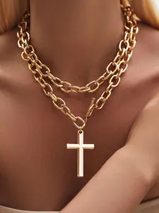 Trendy Hip-Hop Multi-Layer Metal Chain Cuban Cross Necklace, Fashion Accessory for Special Occasions, Perfect Gift, Casual Style, All Seasons