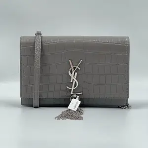 Pre-owned Yves Saint Laurent Leather Shoulder Bags CALUXB Calfskin Crocodile Embossed Kate Monogram Tassel Chain Wallet Fog