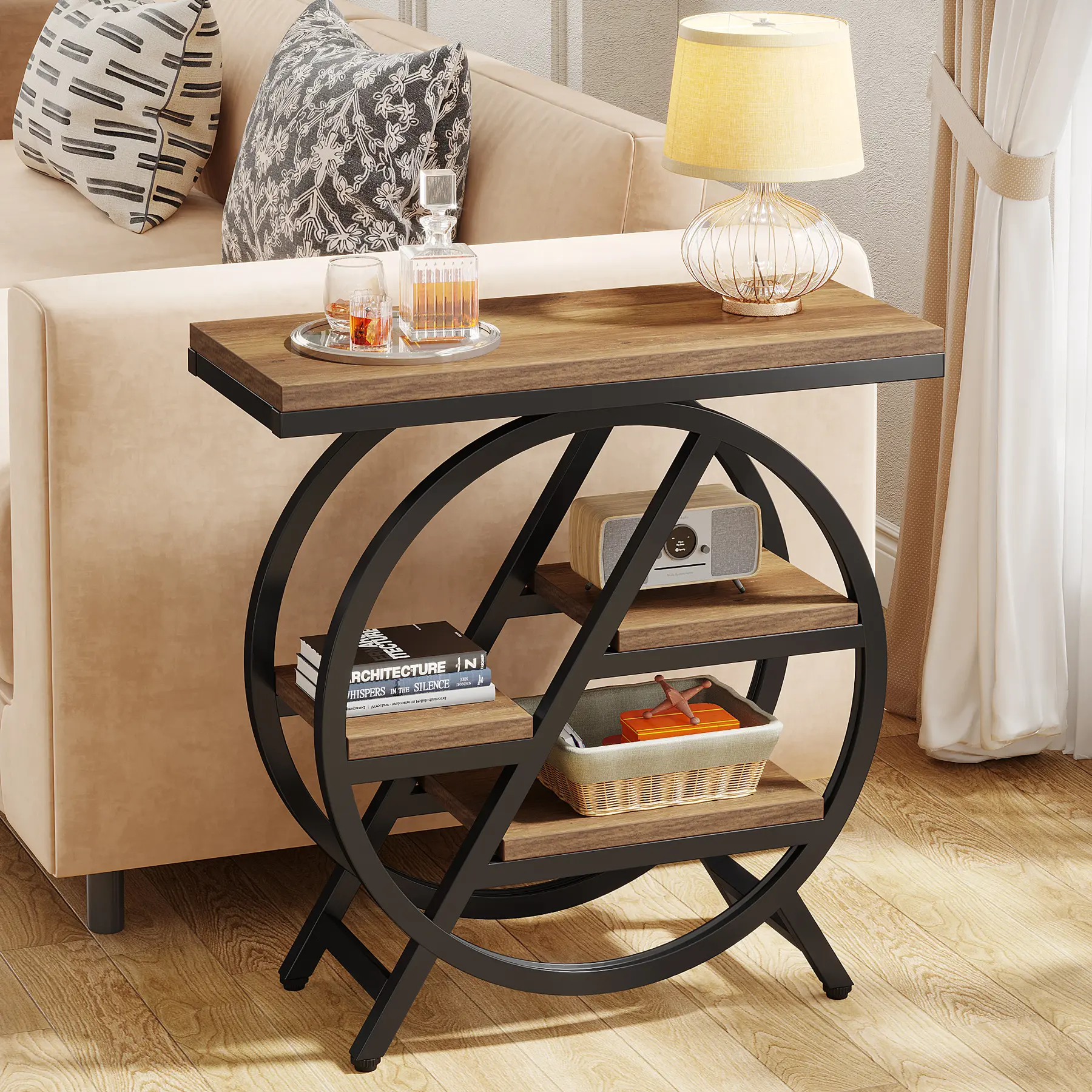 Tribesigns 3-Tier Narrow Side Table with Storage, Wooden Design, Geometric Metal Frame, Ideal for Living Room and Bedroom Use Furniture Shelves
