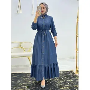 Ramadan solid button-front kaftan, casual long-sleeve dress with ruffle hem, without hijab, women’s clothing