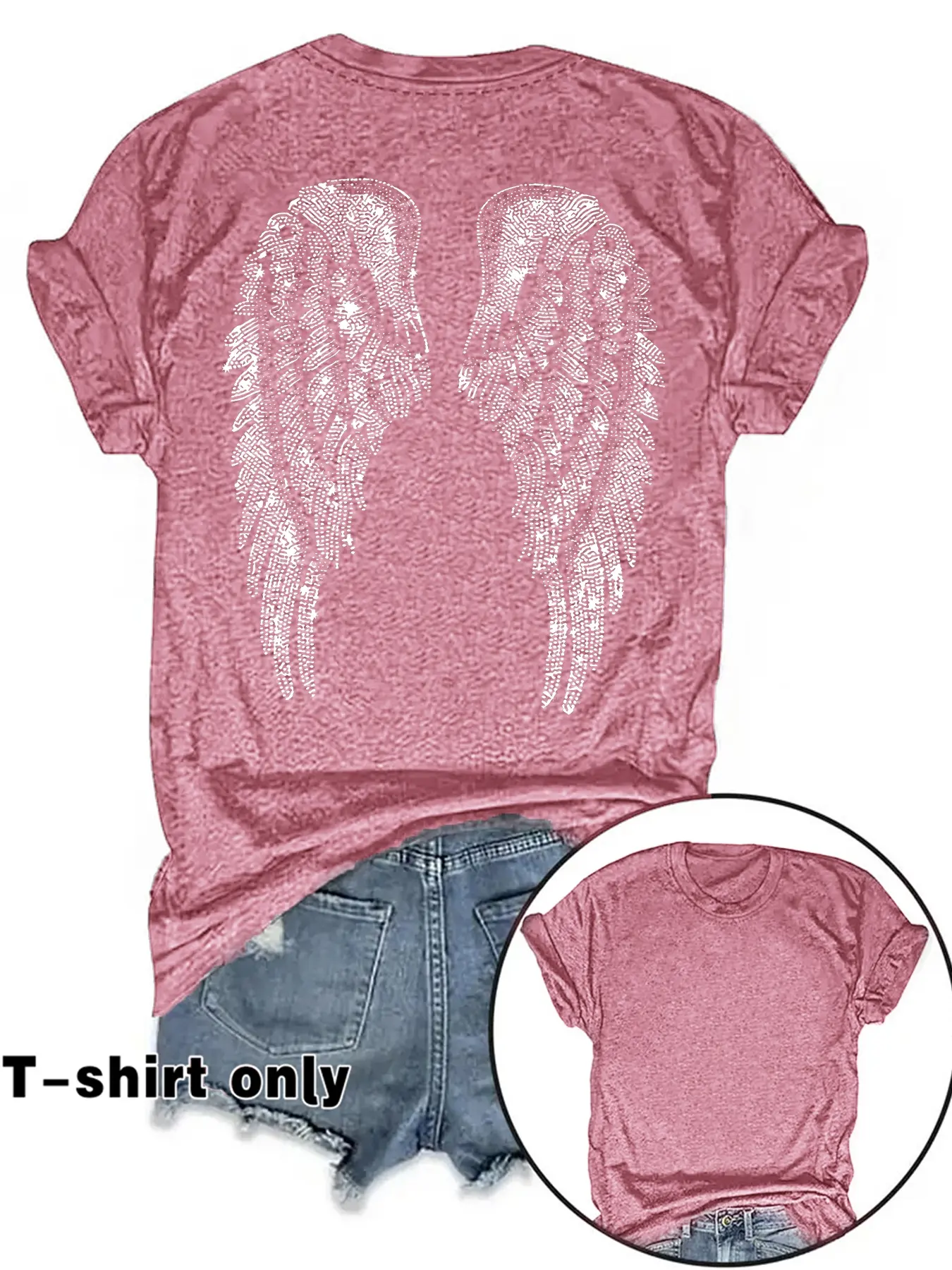 Women's Summer Casual Fashion Vintage Wing Print Round Neck Short Sleeve T-Shirt, Comfortable Breathable Fit S-Xxl
