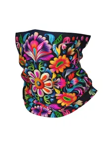 Boho Mexican Folk Art Gaiter Mask, Vintage Colorful Floral Tube Scarf, Festival Aesthetic Face Cover