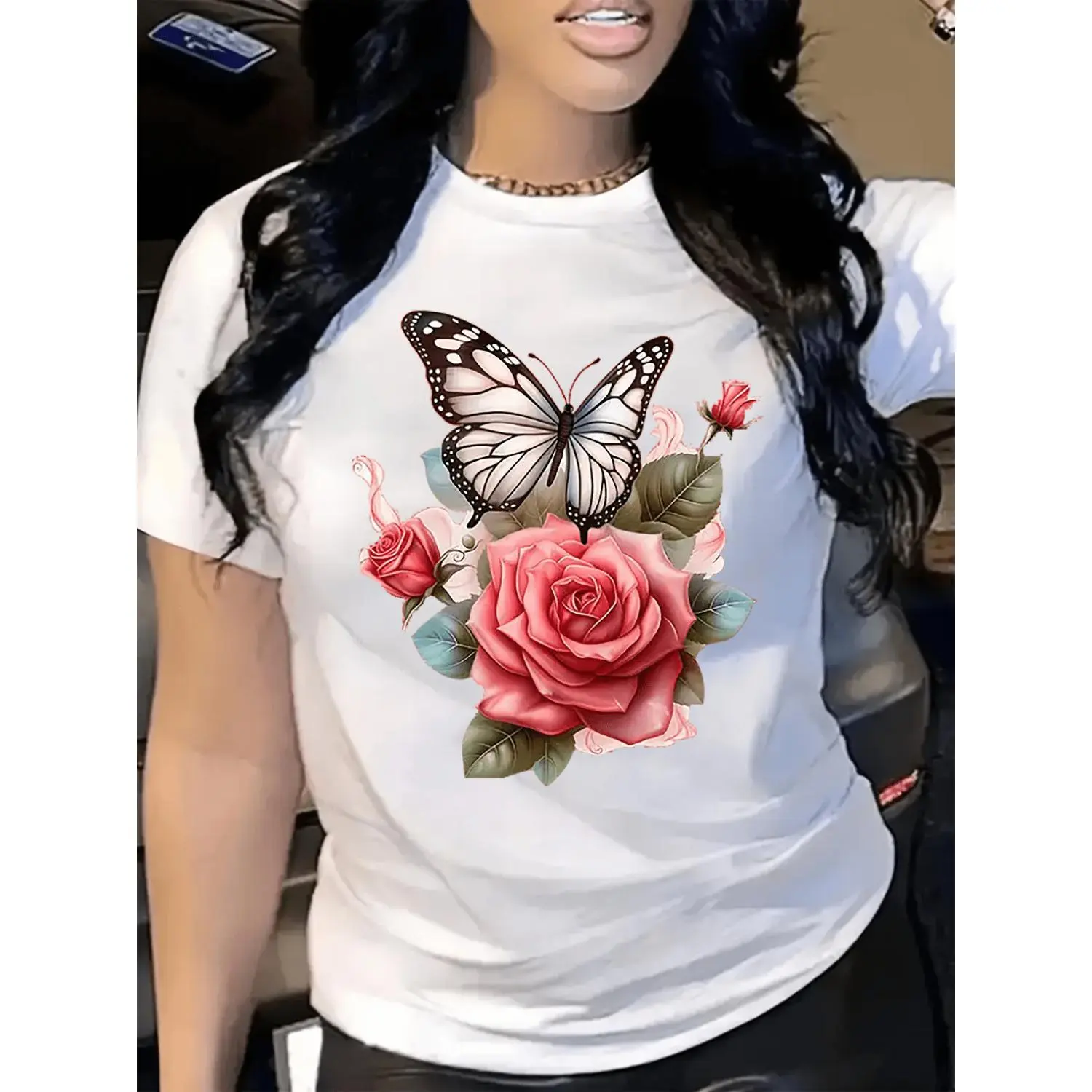 Women Floral Print Crew Neck T Shirt Soft Breathable Short Sleeve Top with Pink Rose and Green Foliage Design Casual Elegant Versatile Summer Party Wear All Season Comfort Local Shipping