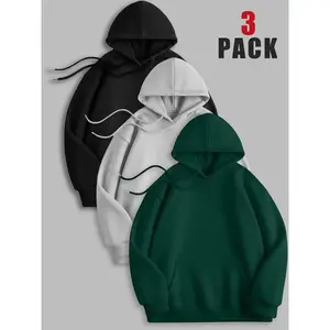 3-Piece Unisex Hooded Sweatshirt Set, Plain Long Sleeve Pullover, Fitted Basic Top, Thick Plush Fabric, Retro Outdoor Fun