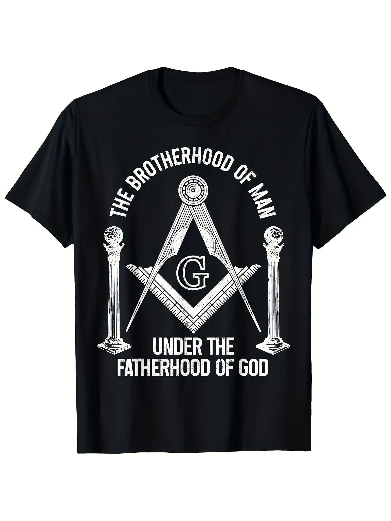 Men's Freemasonry T-Shirt with Square & Compass Symbol - Masonic Brothers Below Text - Size Casual Masonic Gift Apparel - All-Season Freemason Shirts (Black/White) - Apparel for Events, PLUS SIZE