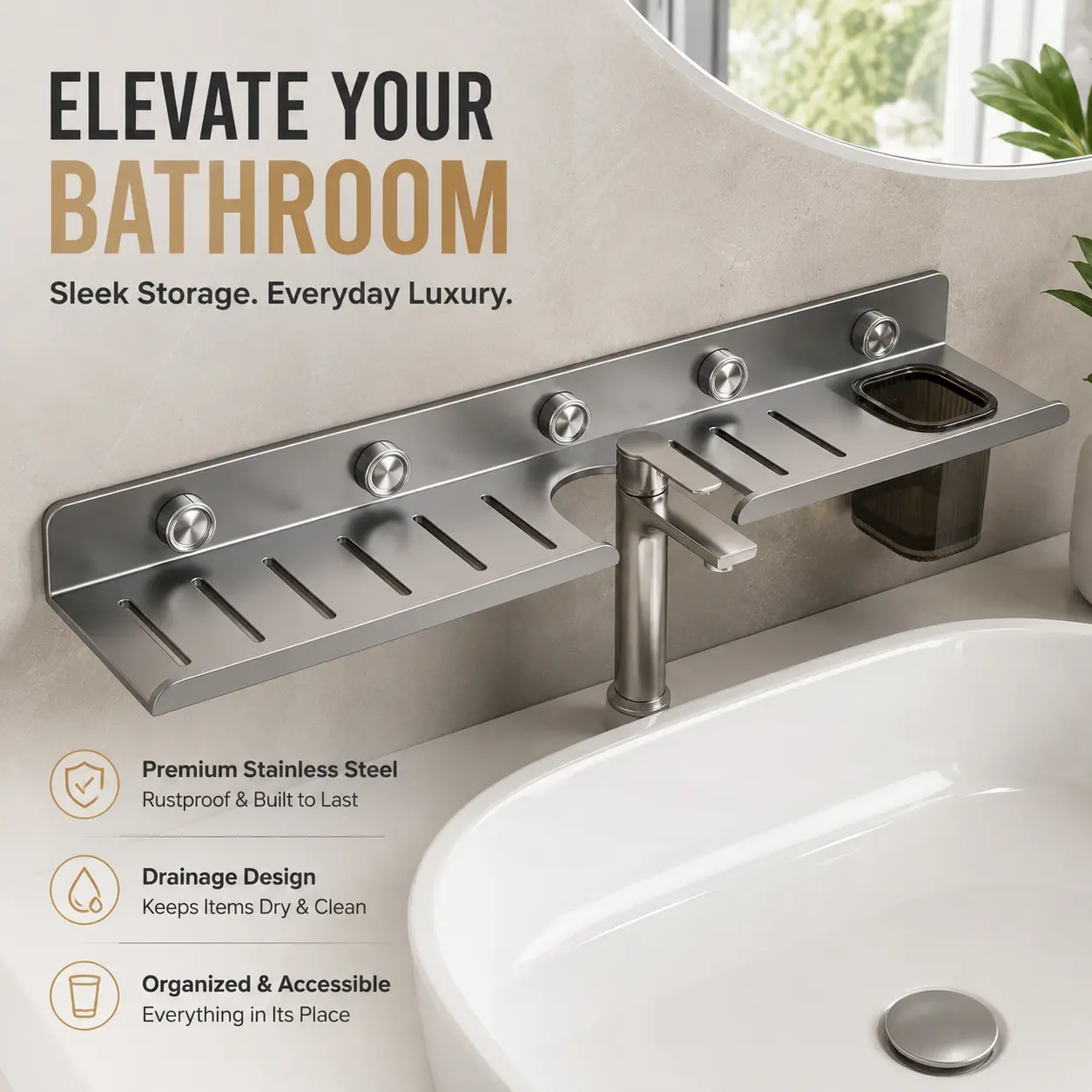 Stainless Steel Over-the-Sink Bathroom Shelf with Drainage Slots, Hooks & Side Cup Holder