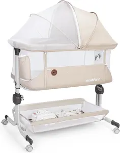 Momfann Baby Bassinet Bedside Sleeper, Upgraded Stability Bedside Crib with Full Mesh Sides, Soft Sheet, 6-Height Adjustment, Storage Basket, Easy Folding Portable Bassinet for Newborns, Oatmeal