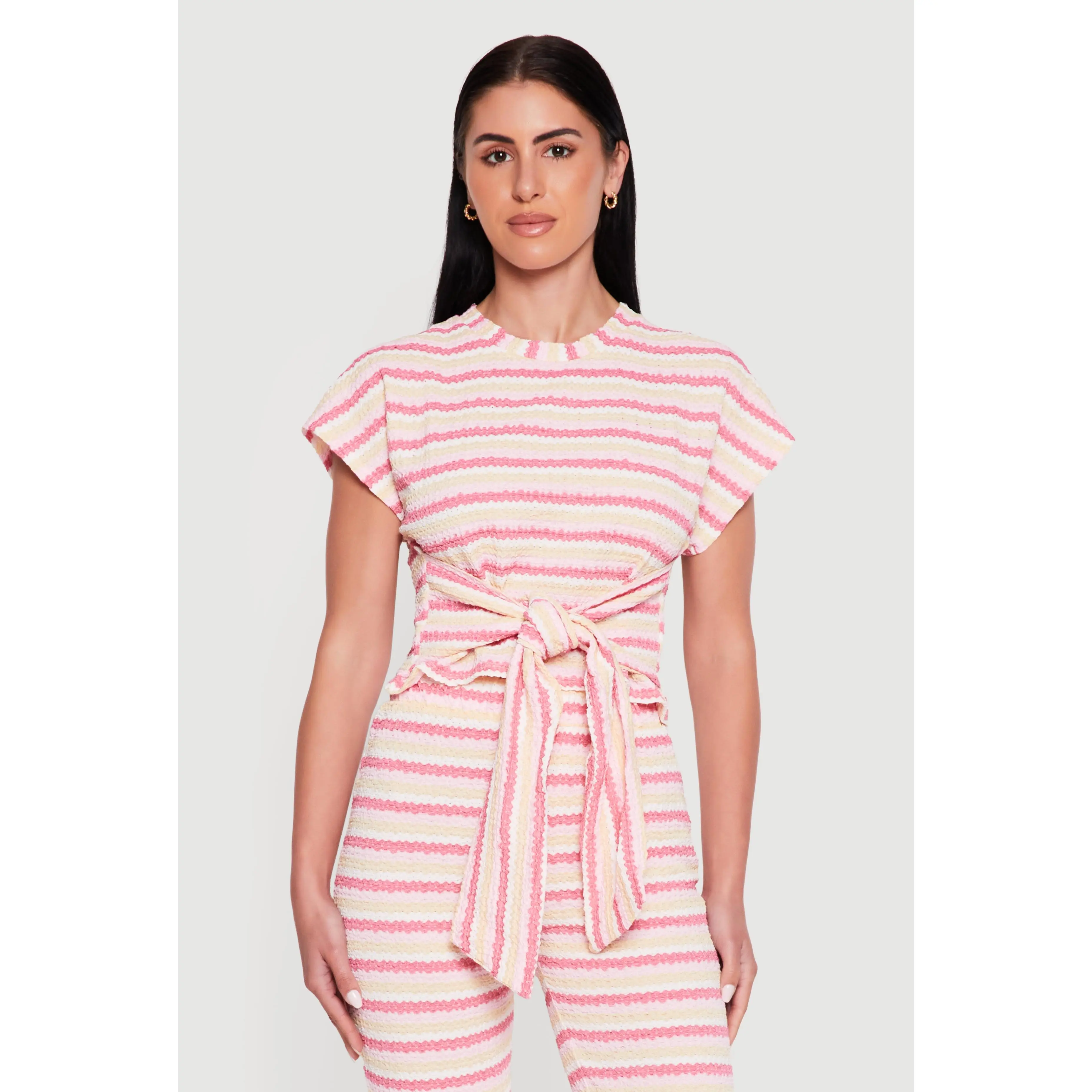 Striped Textured Knit Knot Front Blouse