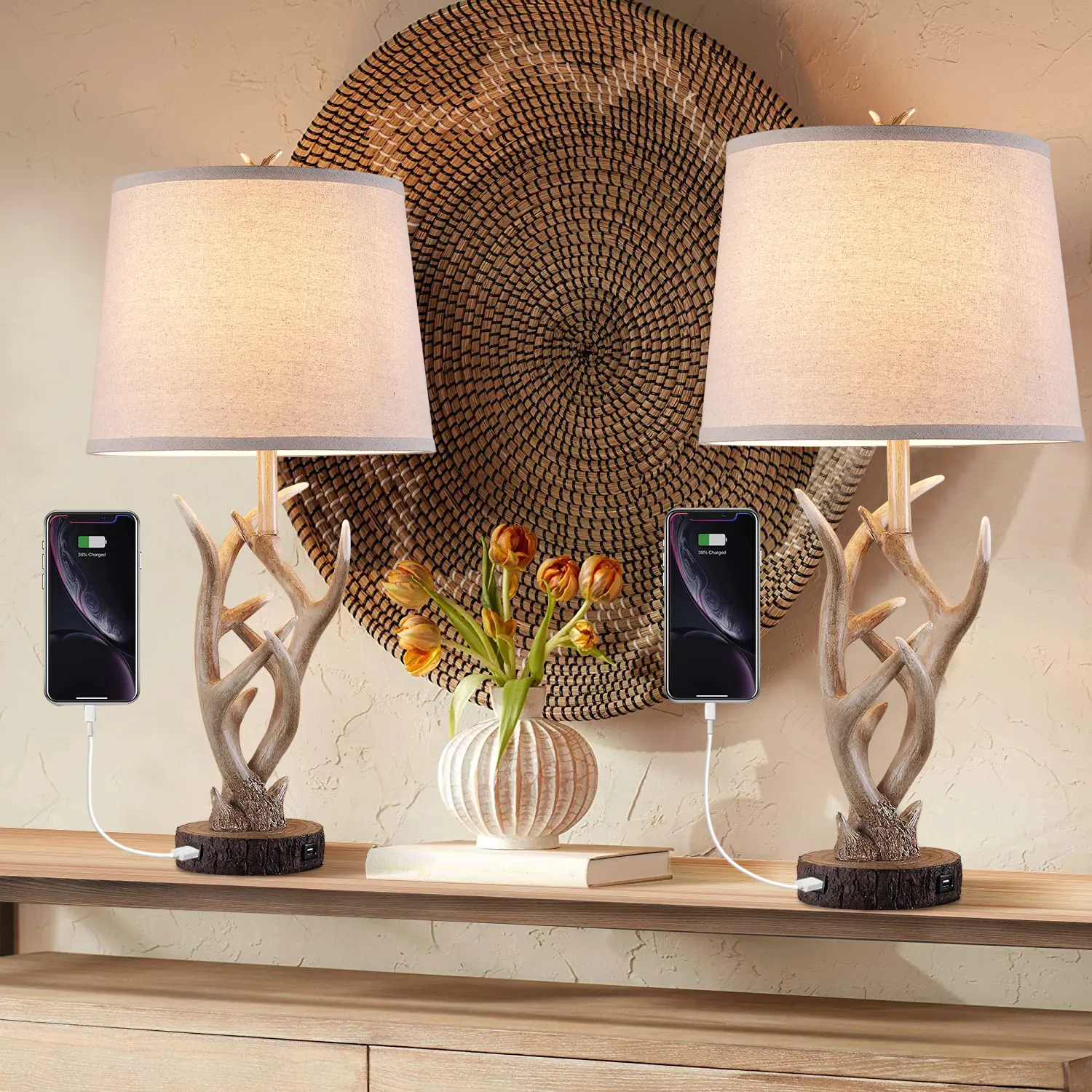 LOKHOM 2-Piece Resin Decorative Light Set - 26in Farmhouse Style Home Plug-In Table Lamps with 2 USB Ports, Natural Antler Design, Rustic Brown for Bedroom, Living Room