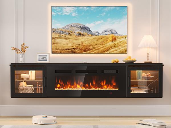 【2 Packages Shipping】oneinmil 70" Floating TV Stand with 36" Electric Fireplace, High Gloss Finish Wall Mounted Fireplace Entertainment Center with Storage for TVs Up to 80", Black TV Stand and Black Fireplace ,WiFi APP Smart Control