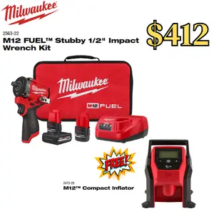 Milwaukee M12 Gen 2 1/2" Stubby Impact Kit with Free Tire Inflator