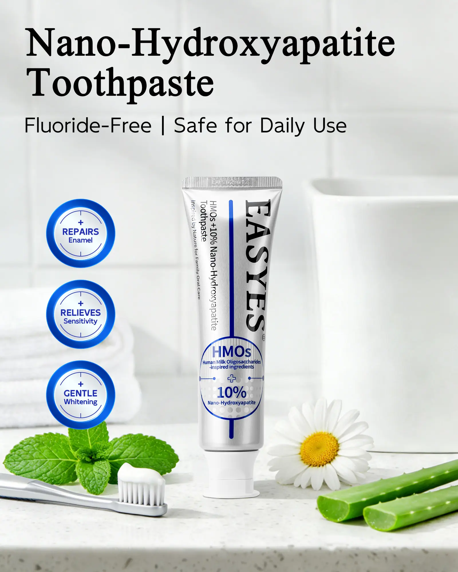 Easyes Nano Hydroxyapatite Toothpaste with HMO Prebiotics, 100g Daily Repair Formula for Sensitive Teeth, Fluoride-Free to Restore Enamel, Mild Wintergreen Mint Pack, Gentle, Friend, Natural, Oral Care, Mild Mint, Deep Clean, Try Me Pack, 3 Years, Multi-P