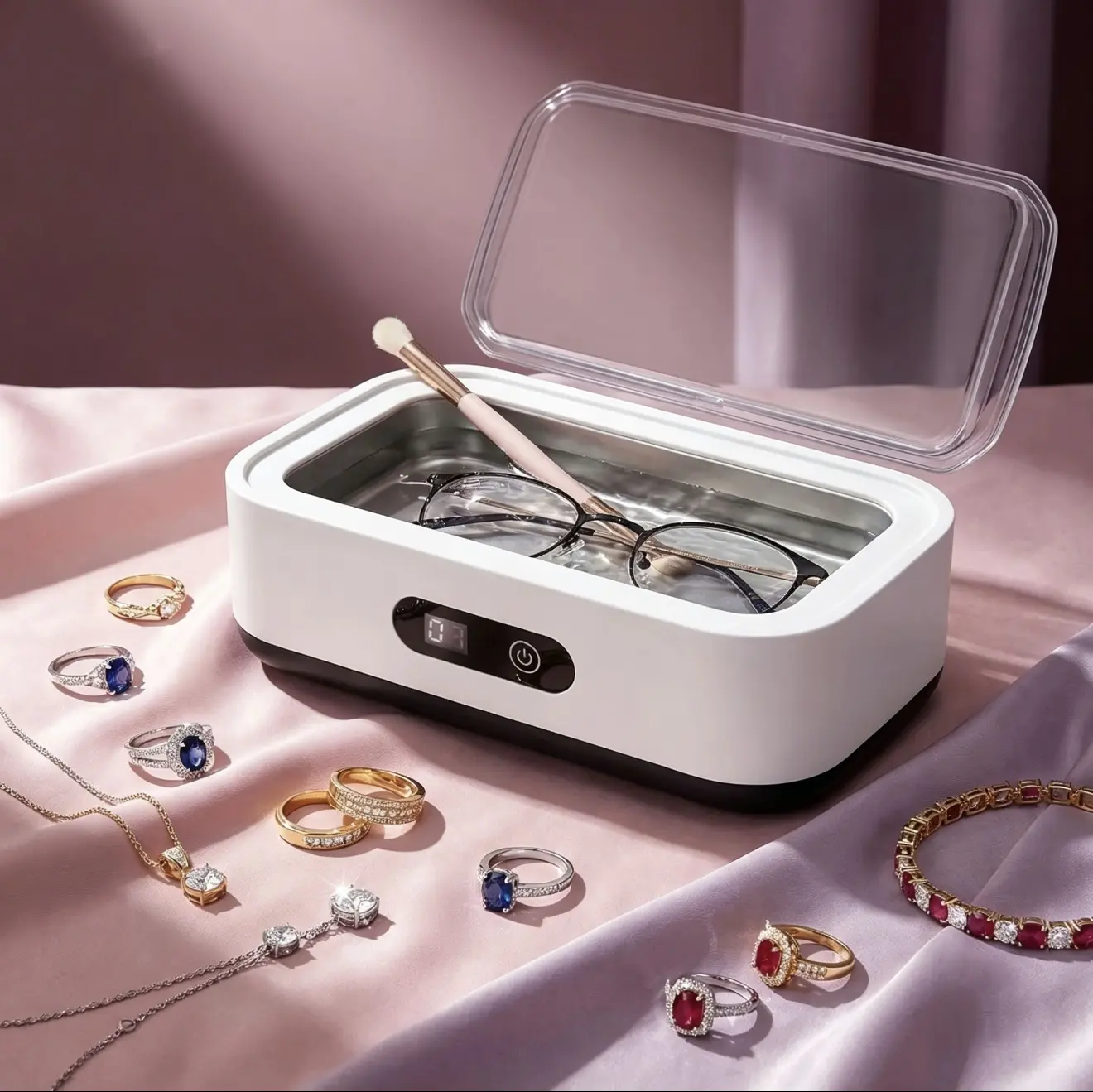 Ru 49000Hz Ultrasonic Cleaner Machine with 304 Stainless Steel Tank - 90S - 480S Timer, Deep Cleaning Power, Durable Device for Eyeglasses, Rings, Watch Bands, Dentures, Retainers, Coins, Beauty Tools, Small Metal Parts - Home Use