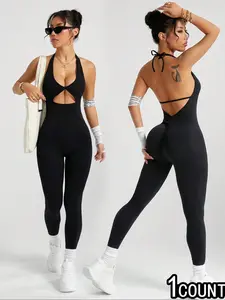 Women's Sexy Backless Halter Jumpsuit, High Elastic Breathable Fabric Jumpsuit, Removable Chest Pad, Stylish Activewear for Fitness, Sporty Jumpsuit, Ruched Sports Jumpsuit, Sporty Comfy Jumpsuit