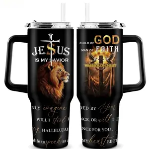 40oz Christian Warrior Insulated Stainless Steel Vacuum Flask with Handle, Straw & Lid - Armor of God Portable Tumbler, Faith-Based Religious Gift for Men, Ideal for Coffee, Iced Tea