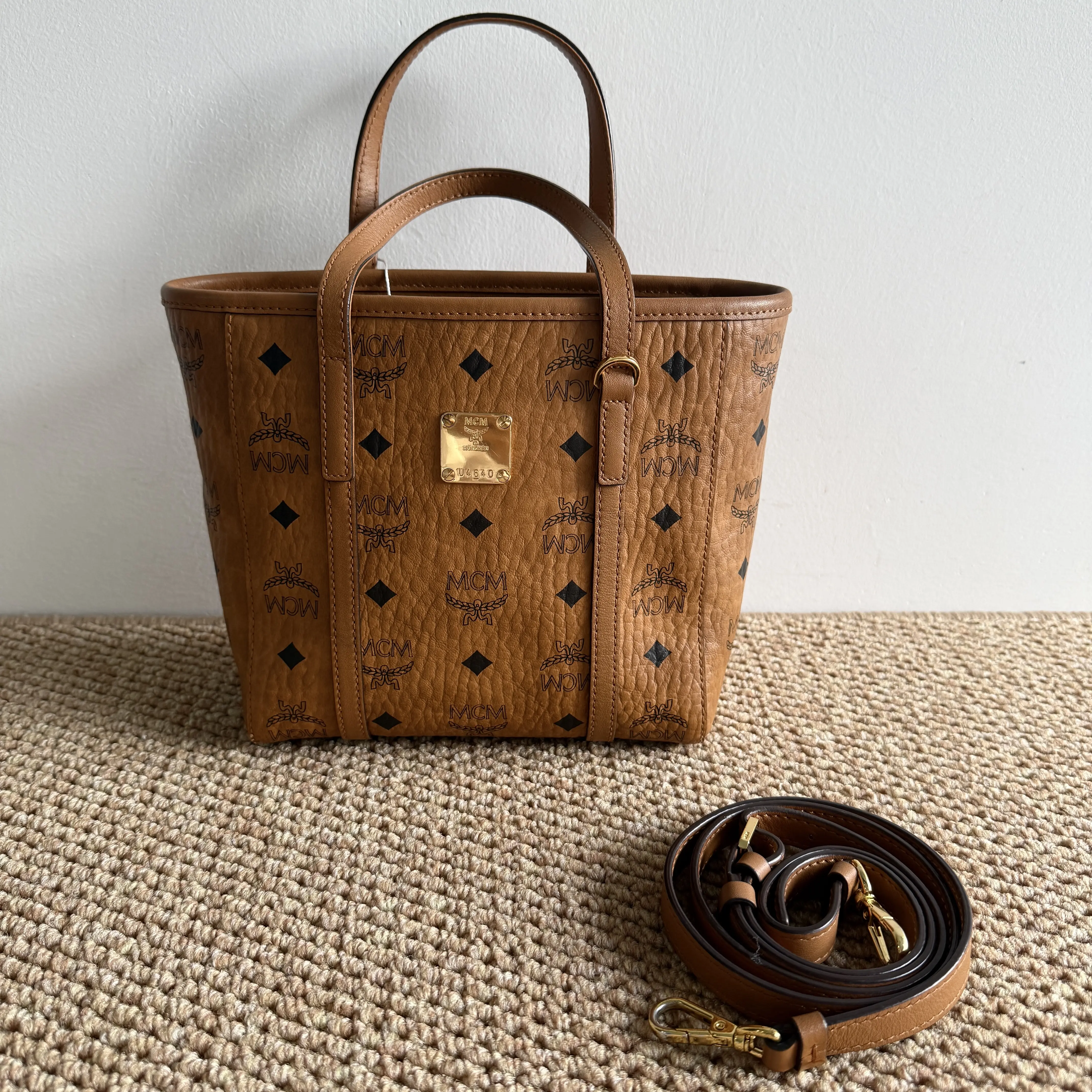 Pre-owned MCM Authentic Mini Visetos Basket Tote Cognac Detachable Strap Hand Shoulder Crossbody Bag