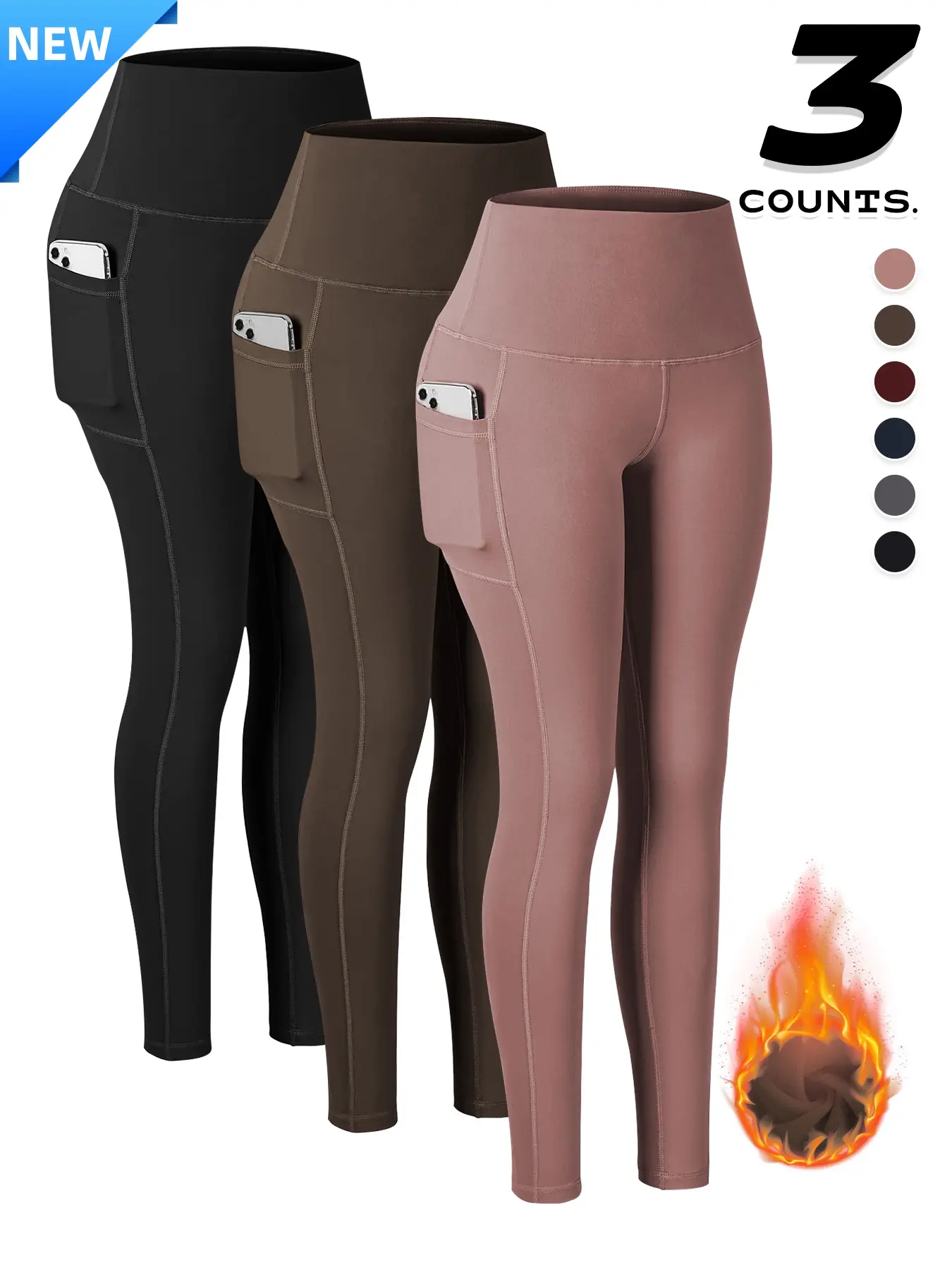New 3 Pack Fleece Lined Yoga Pants for Women, High Waist Stretchy Butt Lift Super Soft Winter Warm with Pockets, Multifunctional Gym Yoga Sports Tight Fit, Side Pocket Leggings High Waisted Legging, Fitness Pants