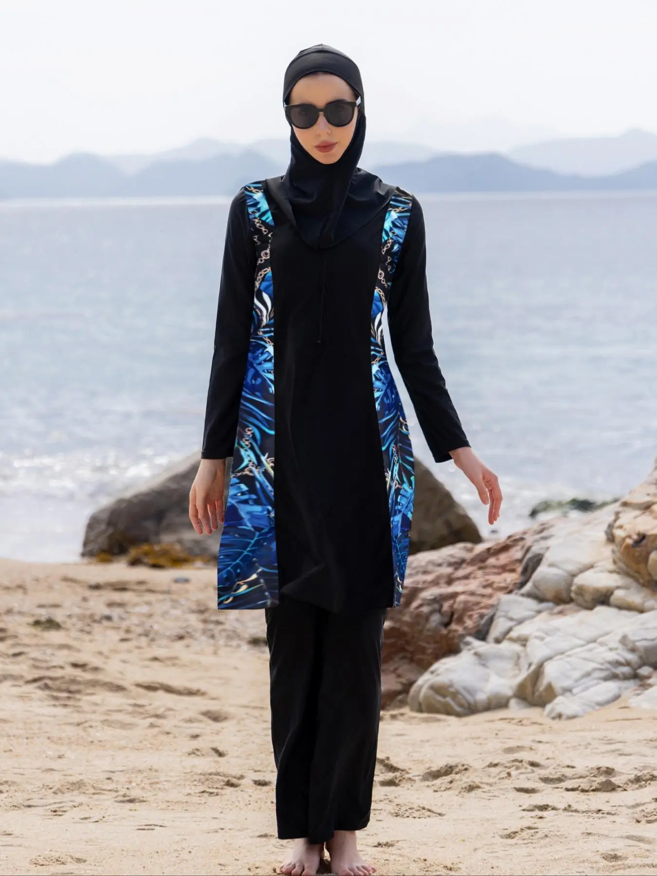 Women's Plants Print Long Sleeve Swim Top & Swim Bottom & Swim Hat Islamic Swimwear Set, Modest Casual Swimsuit Set for Beach Holiday Vacation, Ladies Swimwear for All Seasons, Islamic Swimming Suit, Modest Swimsuits, Muslim Swimwear