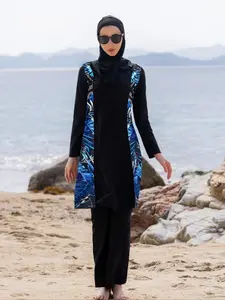 Women's Plants Print Long Sleeve Swim Top & Swim Bottom & Swim Hat Islamic Swimwear Set, Modest Casual Swimsuit Set for Beach Holiday Vacation, Ladies Swimwear for All Seasons, Islamic Swimming Suit