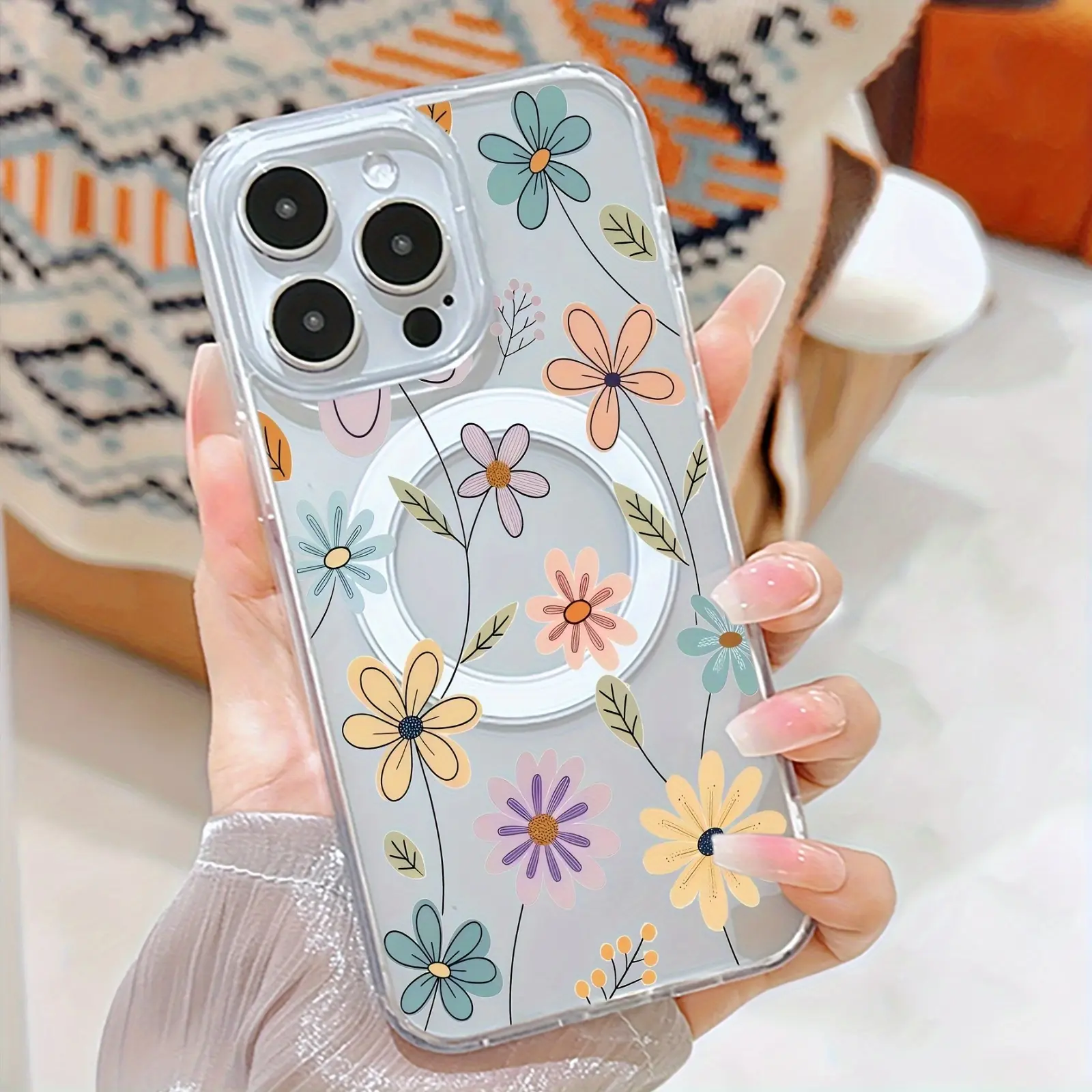 Multicolor floral painted transparent magnetic phone case with magnetic ring supporting wireless charging, compatible with Apple iPhone 17/16 Pro Max/15 Pro/14 Plus/13/12/11 and Samsung S25/S24/S23 Plus Ultra.  Perfect as a holiday or birthday gift.