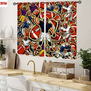 2D Flat 2Pcs American Football Players and Balls Graphic Pattern Curtains, Vibrant Sports Theme Decor, Vivid Cartoon Style, High-Quality Digital Print, All-Season Window Treatments for Living Room Bedroom Boys Decoration