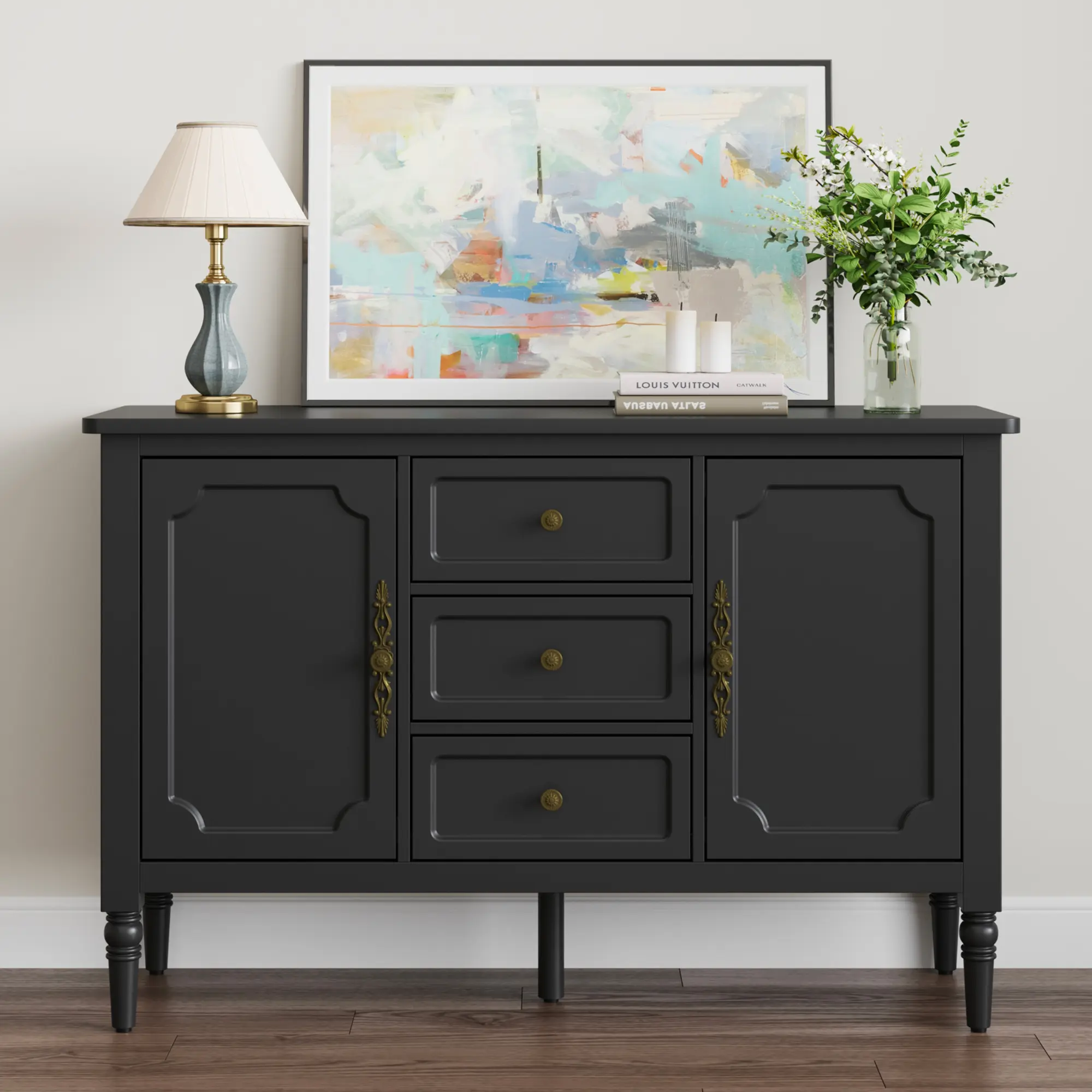 RoyalCraft Storage Cabinet with 2 Doors & 3 Drawers, Mid-Century Sideboard Cabinet with Adjustable Shelves, Wood Buffet Cabinet with Turned Legs, Ideal for Entryway, Living Room, Dining Room, Black