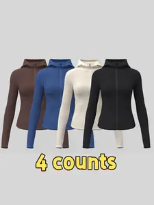 Women's Solid Zip Up Sports Jacket, Long Sleeve Thumb Hole Sports Outerwear, Ladies Sportswear for Indoor Outdoor Wear, Casual Chic Outerwear
