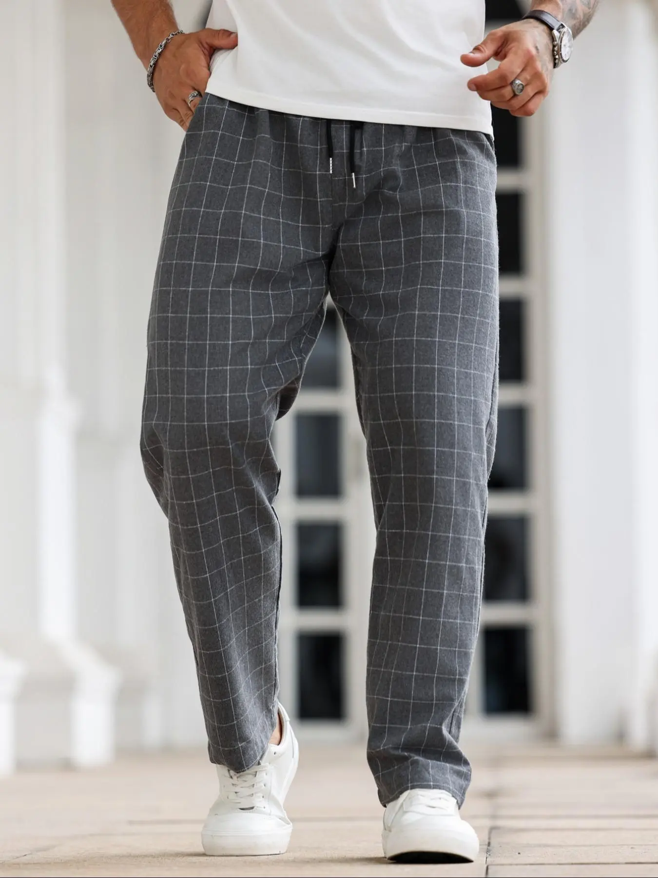 Men's Plaid Print Drawstring Waist Straight Leg Pants, Casual Fashion Pants, Casual Streetwear Pants, Regular Fit Casual Comfy Classy Pocket Trousers for Daily Wear, Men's Bottoms for All Seasons, Checkerboard Print Pants