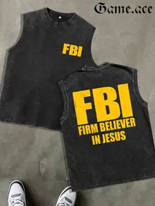 1 PCS GAME.ACE Washed Black Sleeveless Tank Top, "FBI Firm Believer In Jesus" Funny Christian Graphic Print, Casual Faith-Based Streetwear, 100% Cotton Breathable Unisex Vest, Ideal for Daily Wear, Great Gift for Humorous Christian Style Lovers
