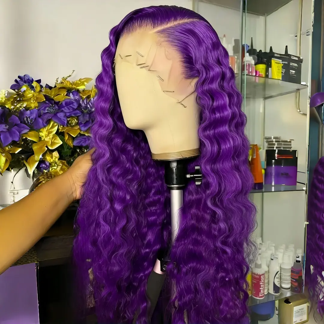 Women's 28-Inch Dark Purple Long Wavy Curly Synthetic Lace Front Wig - Free Part, Pre-Plucked Hairline, Glueless, Heat Resistant, Adjustable Strap, Secure Comb Fit
