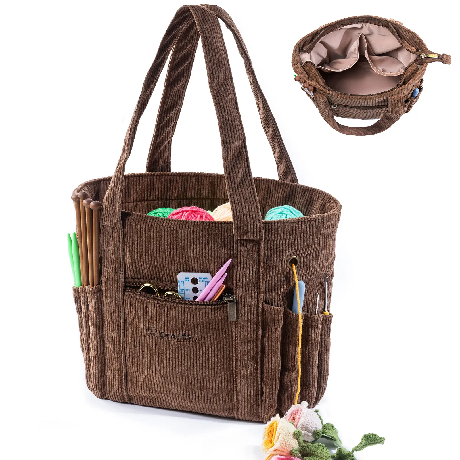 MYBAGZING Women's Corduroy Tote Organizer, Casual Minimalist Bag for Yarn & Knitting Accessories with Double Handle, Soft Fabric Handbag, Mother's Day Gift, Thoughtful Gift, Corduroy Yarn, Crochet Enthusiasts