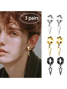 3 Pairs Punk Triangle Earring Clips, Metal Studs for All Seasons, Unisex Fashion Party Jewelry, No Ear Piercing Required