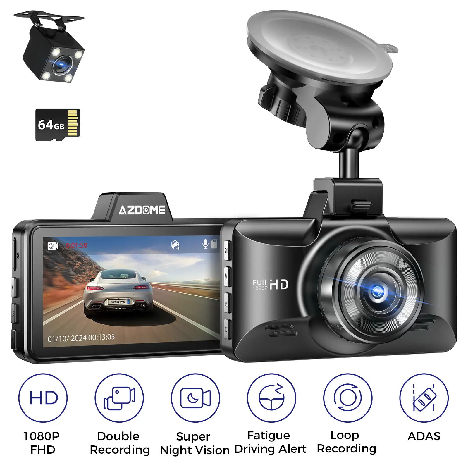 AZDOME M01 Pro Dual 1080P DashCam, Dash camera fo car - Full Hd Front & Rear Dual Dash Cam with Night Vision, Waterproof, ADAS, G-Sensor, Impact Dete