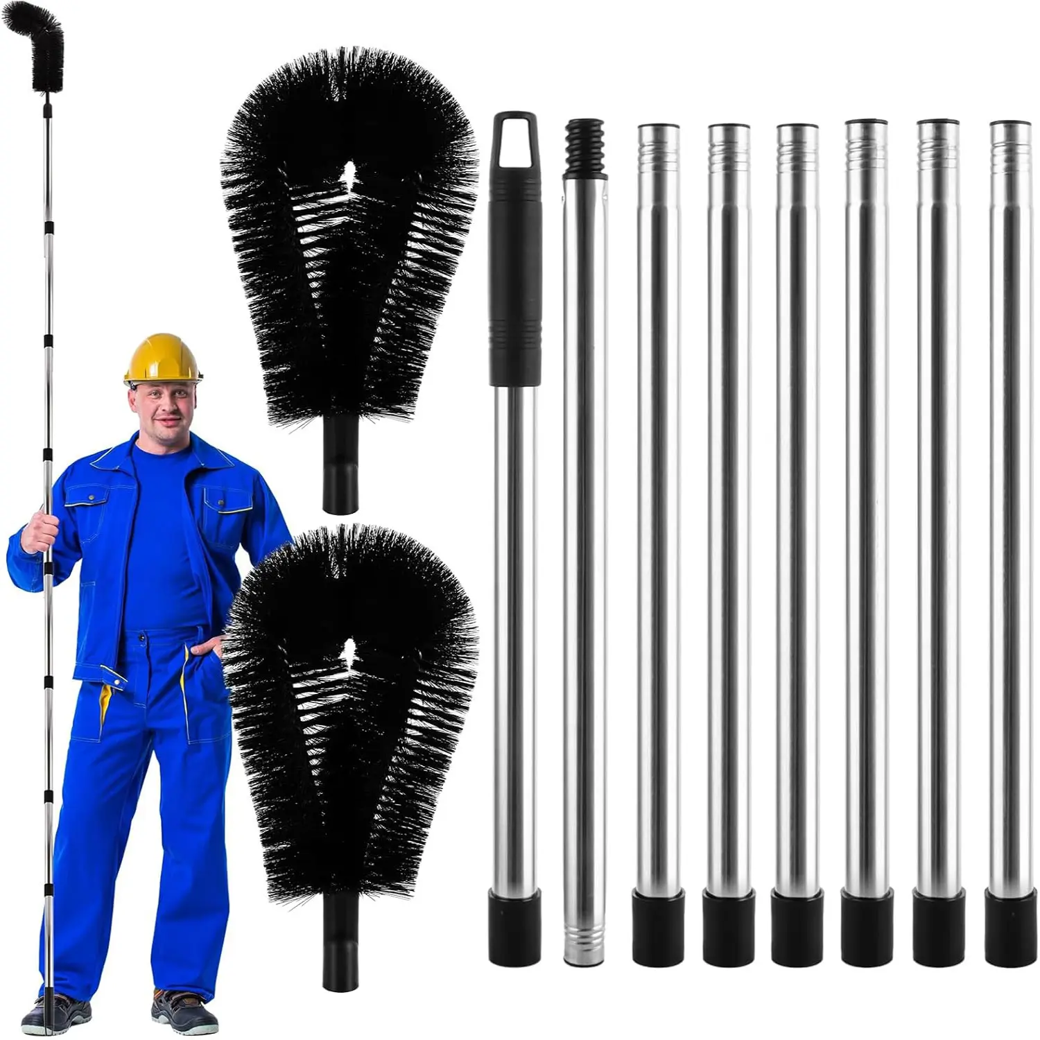 Telescopic Gutter Cleaning Tool Set, 320cm Stainless Steel Long Brush Handle with 8 Poles & 2 Brushes, Ideal for Removing Leaves & Debris From Gutters & Windows